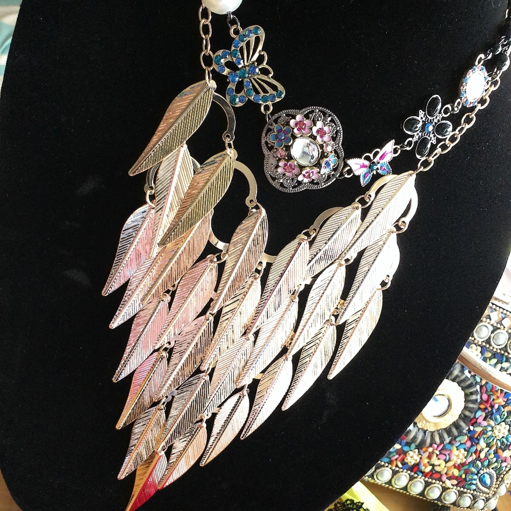 Gold Tiered Leaf necklace with  Butterfly rhinestone set